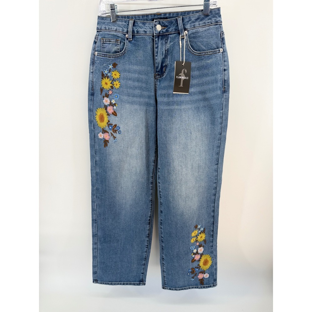 Flamingals Womens Floral Embroidered Straight Leg Jeans Blue Sunflower NWT